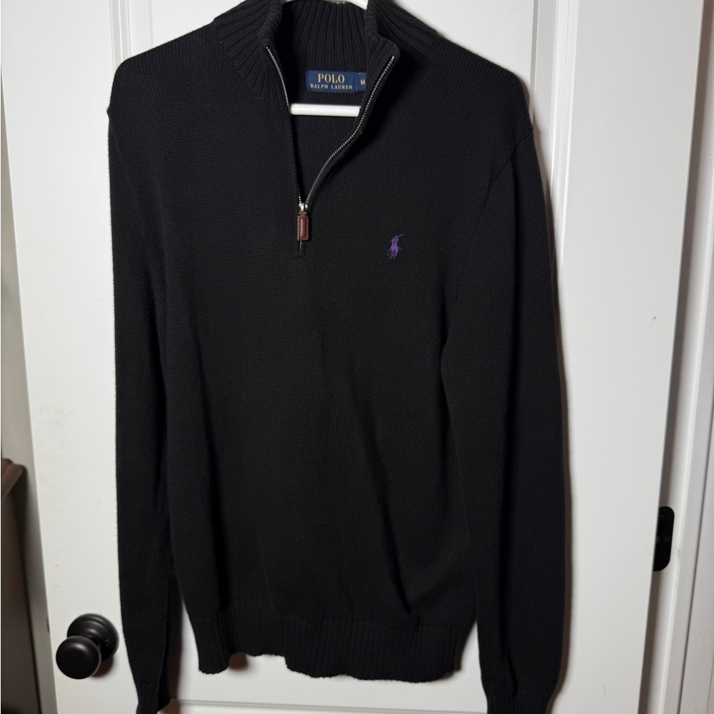Polo Ralph Lauren Qtr Zip Sweater M Black Cotton Mock Neck Pullover Purple Pony - Picture 2 of 6